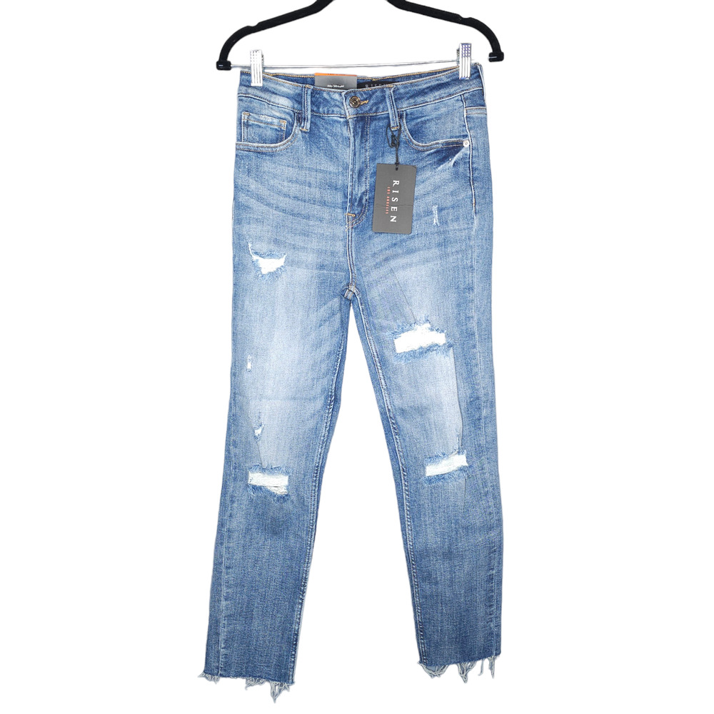 Risen Relaxed Fit Skinny Denim Jeans Sz 29/9 Medium Wash High Rise Distressed